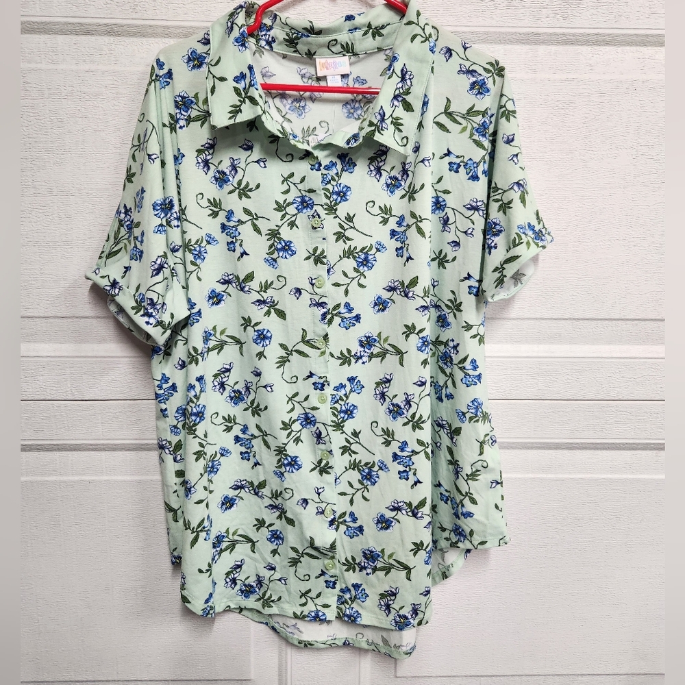 Lularoe Charlie Green & Blue Floral Button Front S/S Camp Shirt Sz XL New